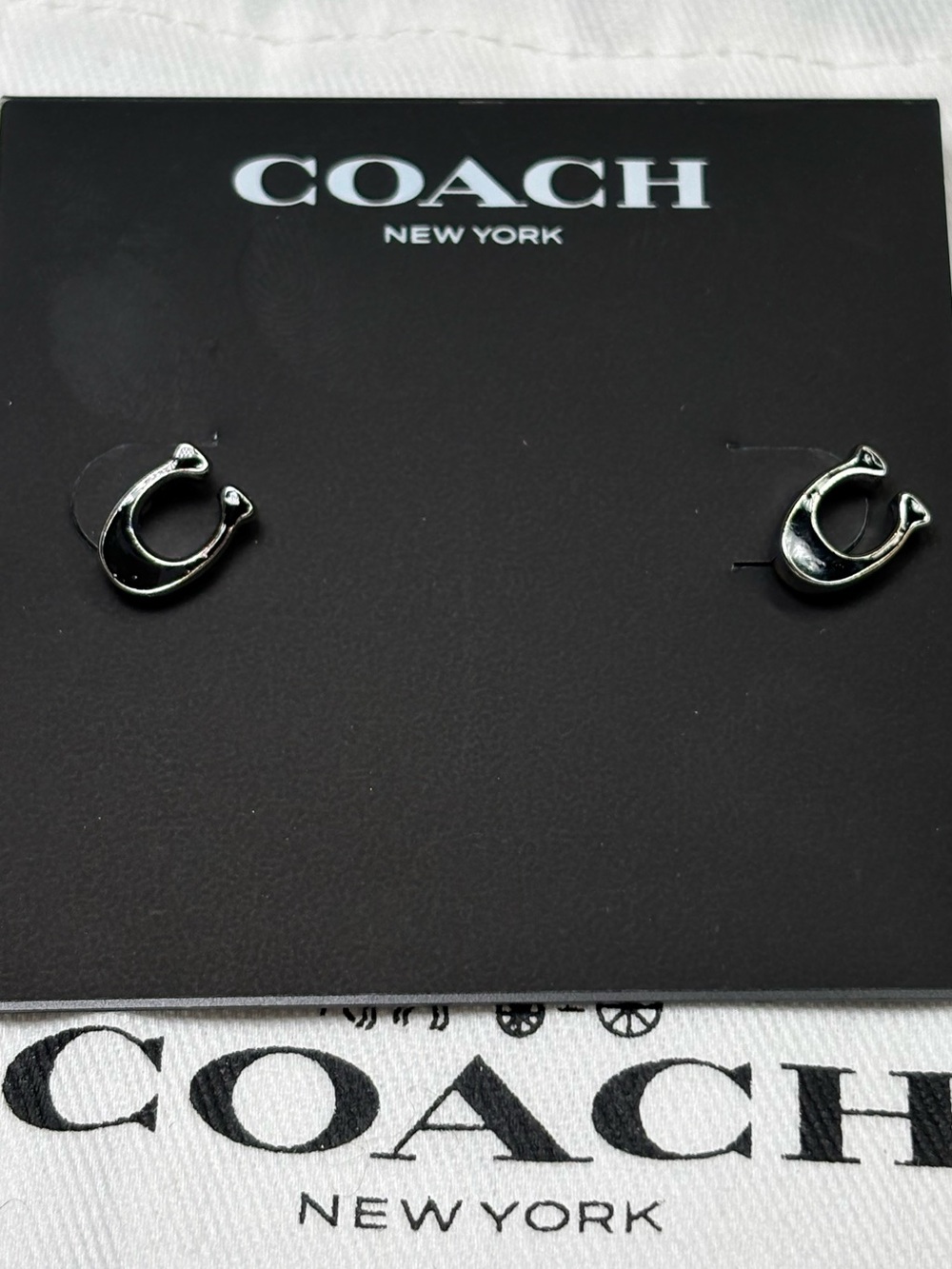 Coach Black Enamel Signature C Stud Earrings Silver New with Dustbag and Tags - Picture 6 of 10